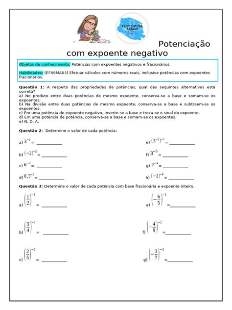 Potências Com Expoentes Negativos - Exercícios de Potências Negativas | PDF | Exponenciação | Análise