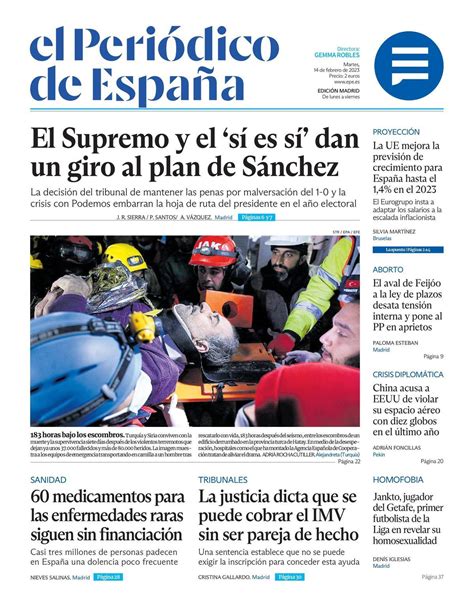 EL PERIÓDICO DE ESPAÑA de hoy martes 14 de febrero de 2023 El