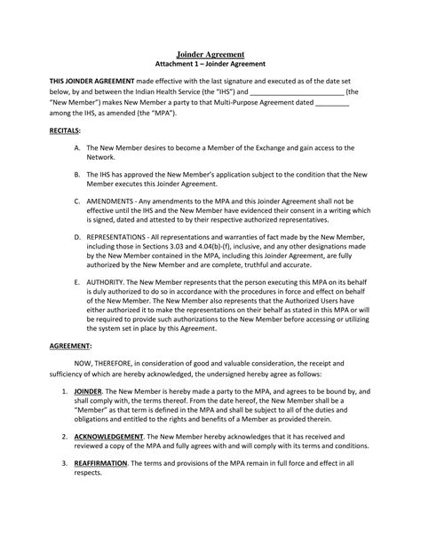 Free Printable Joinder Agreement Templates Pdf Word Format