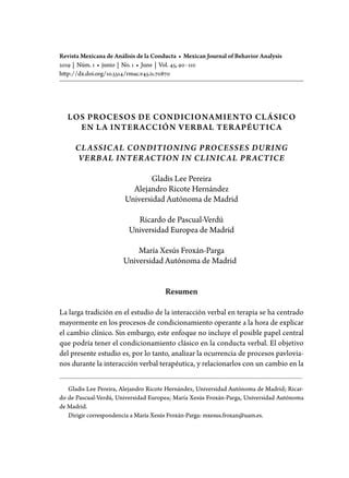 Los Procesos De Condicionamiento Cl Sico En La Interacci N Verbal