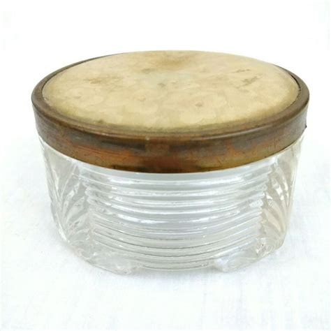 Glass Powder Jar Vintage Floral Art Deco Copper Lid Empty Jewelry Trinket Vanity Art Deco