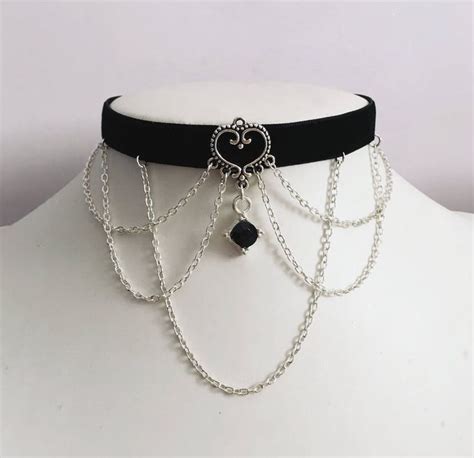 Gothic Choker Black Gem Chains Velvet Necklace Halloween Etsy Edgy