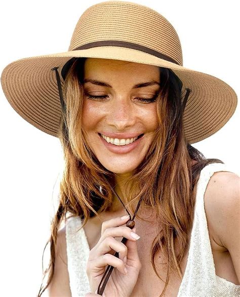 FURTALK Womens Wide Brim Sun Hat With Wind Lanyard UPF Summer Straw Sun