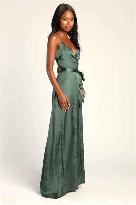 Emerald Green Maxi Dress Satin Wrap Dress Jacquard Dress Lulus