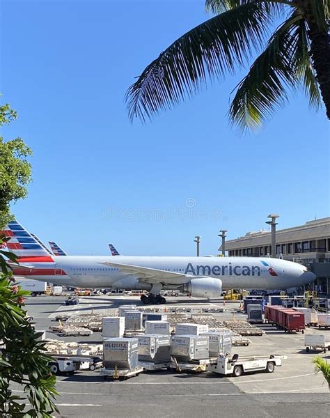 Vertical Shot Of An American Airlines Plane Parked At Honolulu Airport Seen Through Palm Trees