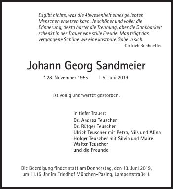 Traueranzeigen Von Johann Georg Sandmeier Sz Gedenken De