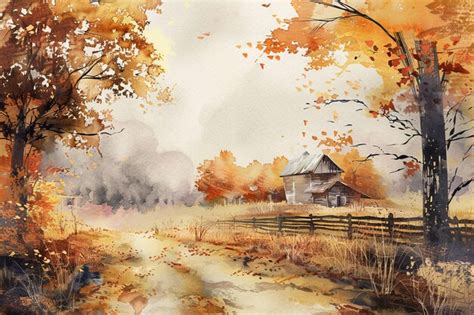 Premium Photo | A watercolor painting of a country house in autumn