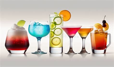 A Row Of Different Types Of Cocktails In Different Glasses Stock Image Image Of Types