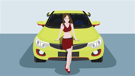 Vector Or Illustration Of Pretty Girl Standing Front Of Sport Yellow