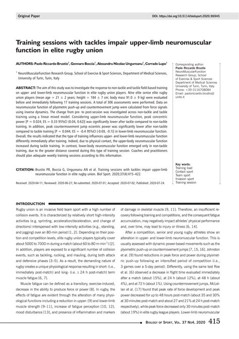 Pdf Training Sessions With Tackles Impair Upper Limb Neuromuscular