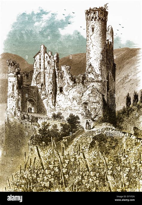 Historic Drawing Burg Ehrenfels Castle Ruins Romantic Middle Rhine