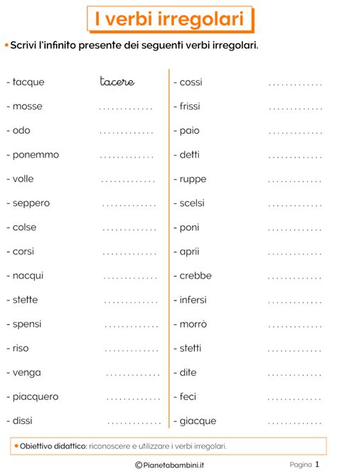 I Verbi Irregolari Esercizi Per La Scuola Primaria Pianetabambini It