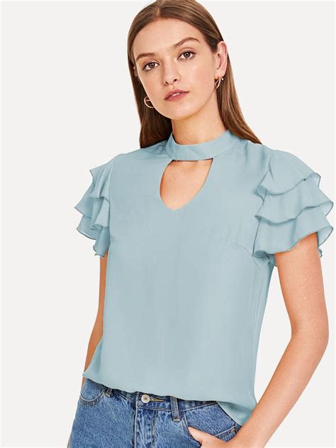 Tie Neck Layered Flounce Sleeve Top Shein Sheinside Semi Formal