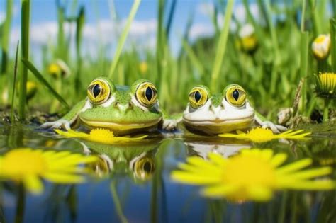 Premium Ai Image Frogs On Lily Pads In A Puddle In The Middle Of A Meadow