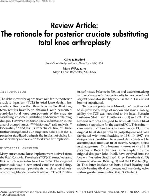 Review Article The Rationale For Posterior Cruciate Substituting Total