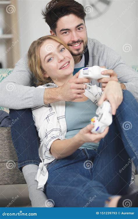 Couple Hugging While Playing Video Games Stock Image Image Of Control