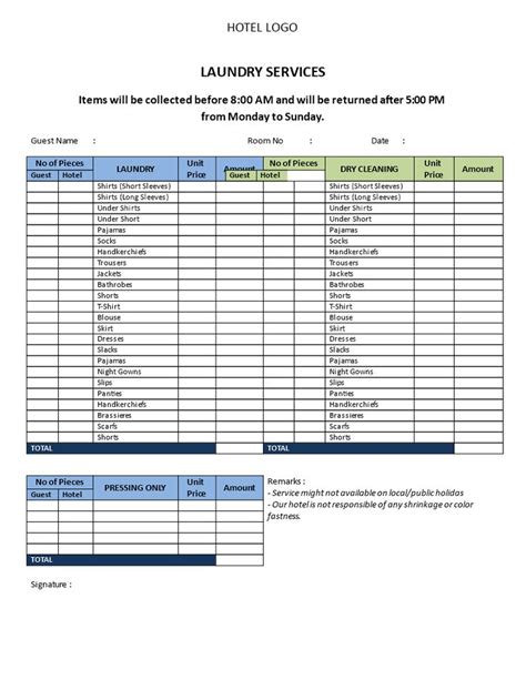 Hotel Laundry Services Price List