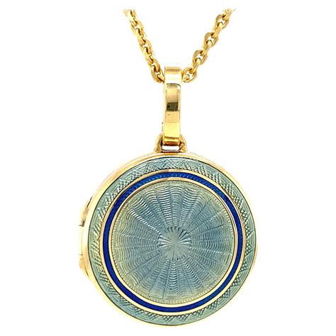 Round Locket Pendant 18k Yellow Gold Blue Turquoise Enamel Diamond 0 03