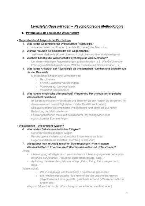 Zusammenfassung Psychologische Methodologie Lernziele Klausurfragen