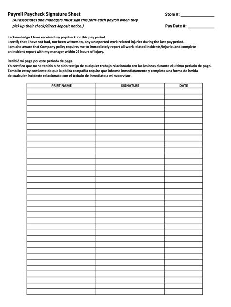 Payroll Paycheck Signature Sheet Fill And Sign Printable Template