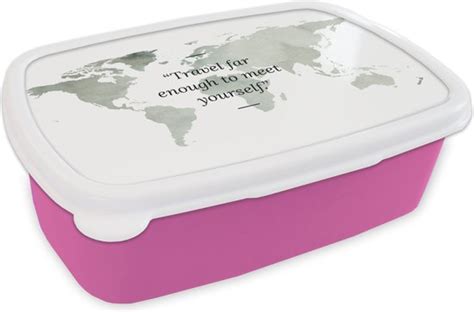 Broodtrommel Roze Lunchbox Brooddoos Wereldkaart Waterverf