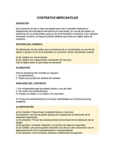 Contratos Mercantiles Primera Parte Contratos Mercantiles Definici伃Ān Es El Acuerdo De Dos O