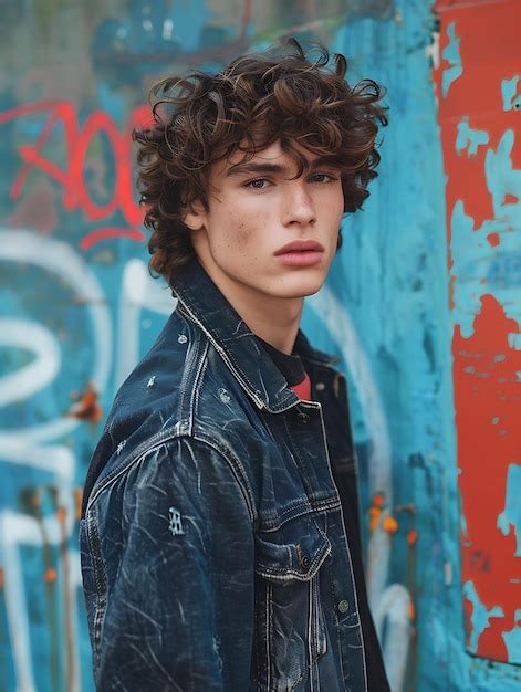 Premium Photo Curly Haired Male Model With Denim Jacket And