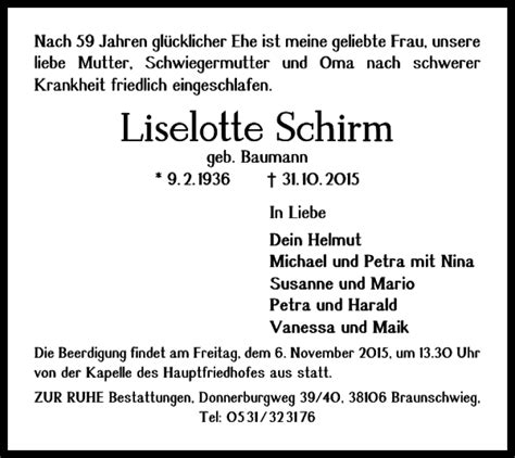 Traueranzeigen Von Liselotte Schirm Trauer38 De