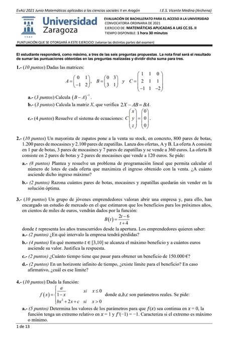 EvAU Matemáticas Aragón Exámenes y Soluciones 2024