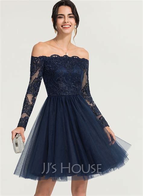 A Line Off The Shoulder Knee Length Tulle Homecoming Dress With Lace