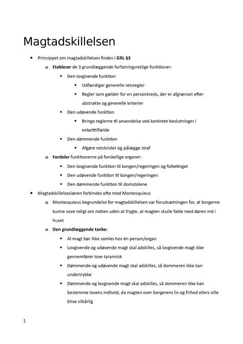 Disposition Til Mundtlig Eksamen Magtadskillelsen Magtadskillelsen