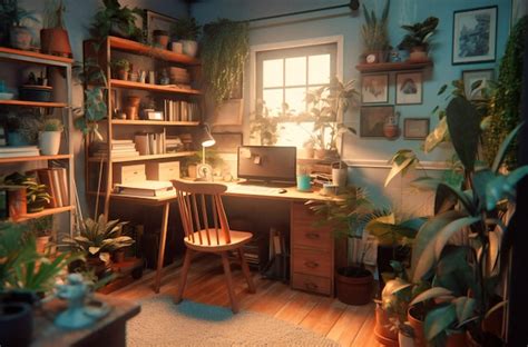 Premium Photo | A small office with a desk and a lot of plants