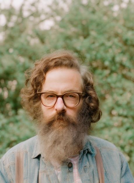 Premium Photo A Man With A Beard And Glasses Is Wearing A Denim Shirt