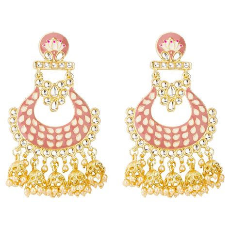 Buy Jewels Galaxy Gold Plated Pearl Studded Pink Chandbalis Online