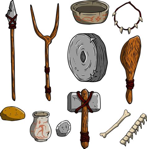 Set Of Items Of Primitive Man And Hunter Weapons Of Caveman Stone Age