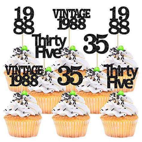 Gyufise 24Pcs Vintage 1988 Cupcake Toppers Glitter Cheers To 35