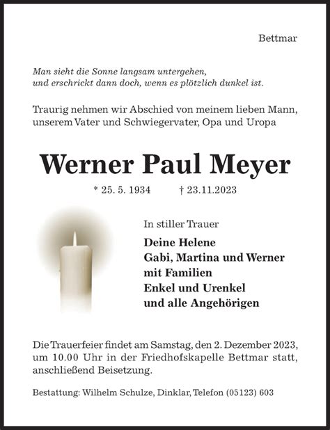 Traueranzeigen Von Werner Paul Meyer Trauerportal Hildesheimer