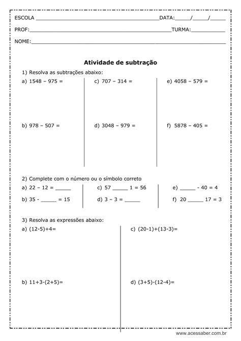 Atividade de matemática Subtração 5º ou 6º ano Acessaber