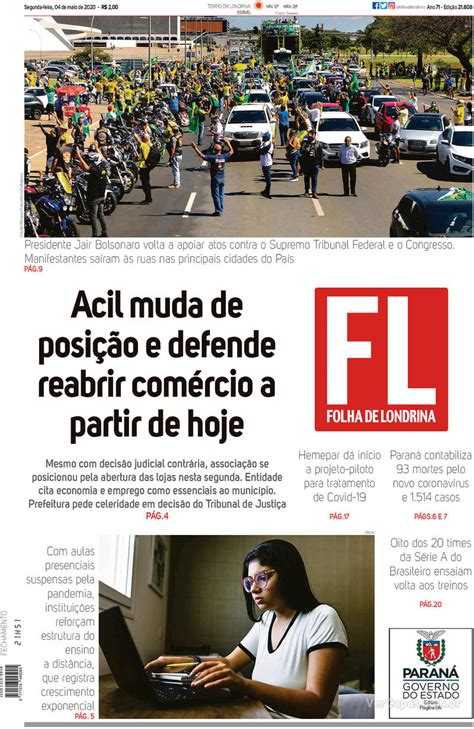 Capa Folha Londrina Edição Segunda 4 De Maio De 2020