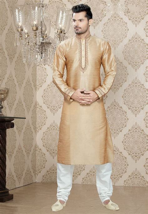 Embroidered Art Silk Kurta Churidar In Beige Mens Kurta Designs