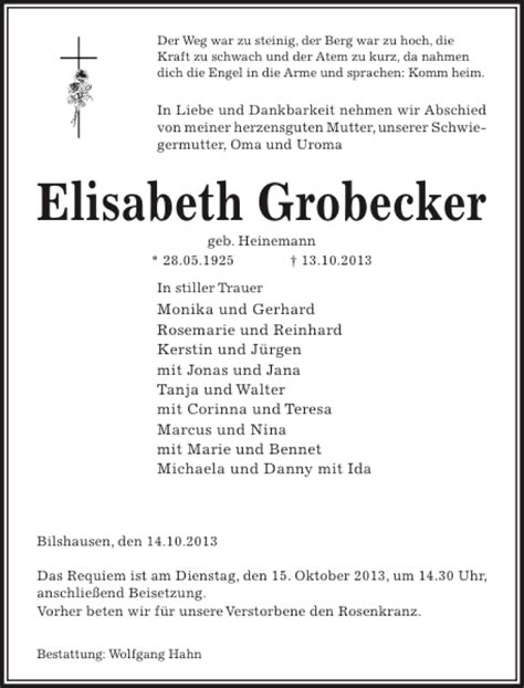 Traueranzeigen Von Elisabeth Grobecker Trauer Anzeigen De