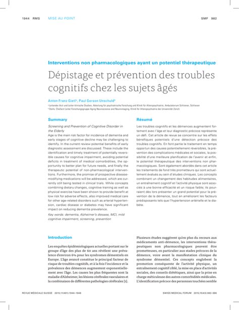 Dépistage Et Prévention Des Troubles Cognitifs Chez Les Sujets