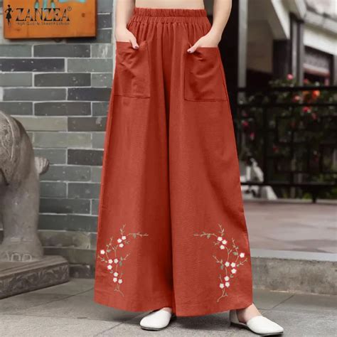 Zanzea Women Vintage Elastic High Waist A Line Trousers Floral