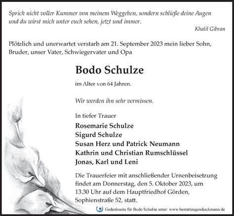 Traueranzeigen Von Bodo Schulze M Rkische Onlinezeitung Trauerportal