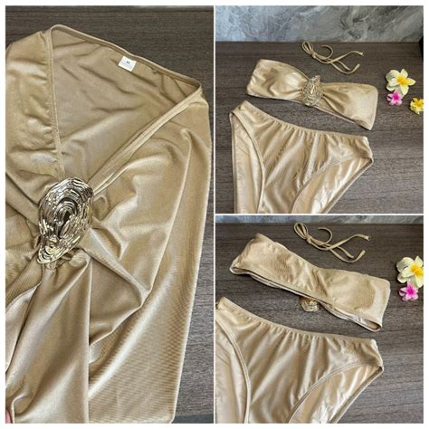 Women S Beach Outfit Champagne Color Sexy Bankini With Long Skirt Split Three Piece Bikini