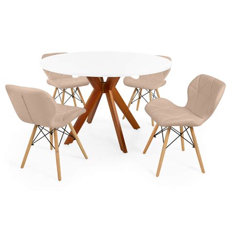 Conjunto Mesa De Jantar Redonda Marci Cm Branca Cadeiras Slim Nude