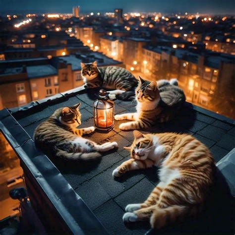 A Group Of Cats Lounging On A Rooftop Under The Stars Premium Ai