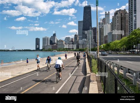 Lakefront Trail on Lake Shore Drive, Lake Michigan,with a view of the ...