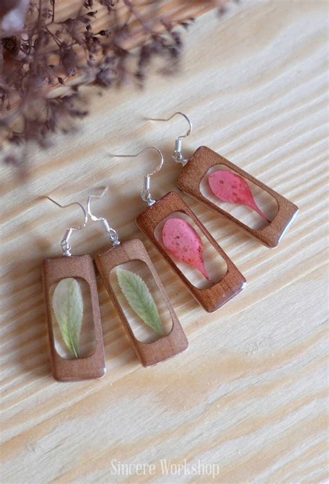 Wooden Rustic Leaves Earrings Eco Jewelry Pressed Flowers Etsy