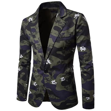 Men Camouflage Blazer Jacket High Quality 2017 Slim Fit One Button Green Suit For Men Casual